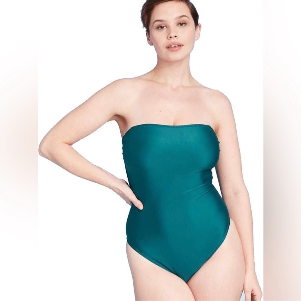 Shade & Shore Teal Strapless One-Piece Swimsuit Back Cutout Bow NWT Size Large - Picture 7 of 8